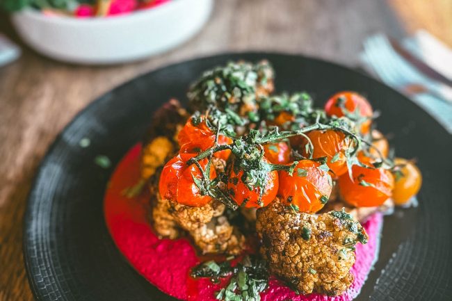 roasted cauliflower steak vegan meribel beetroot hummus chimichurri